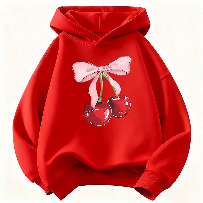 Kids Y2K Cherry Bow Hoodie Cute Print Sweatshirt Boys Girls Spring Autumn Casual Loose Tops