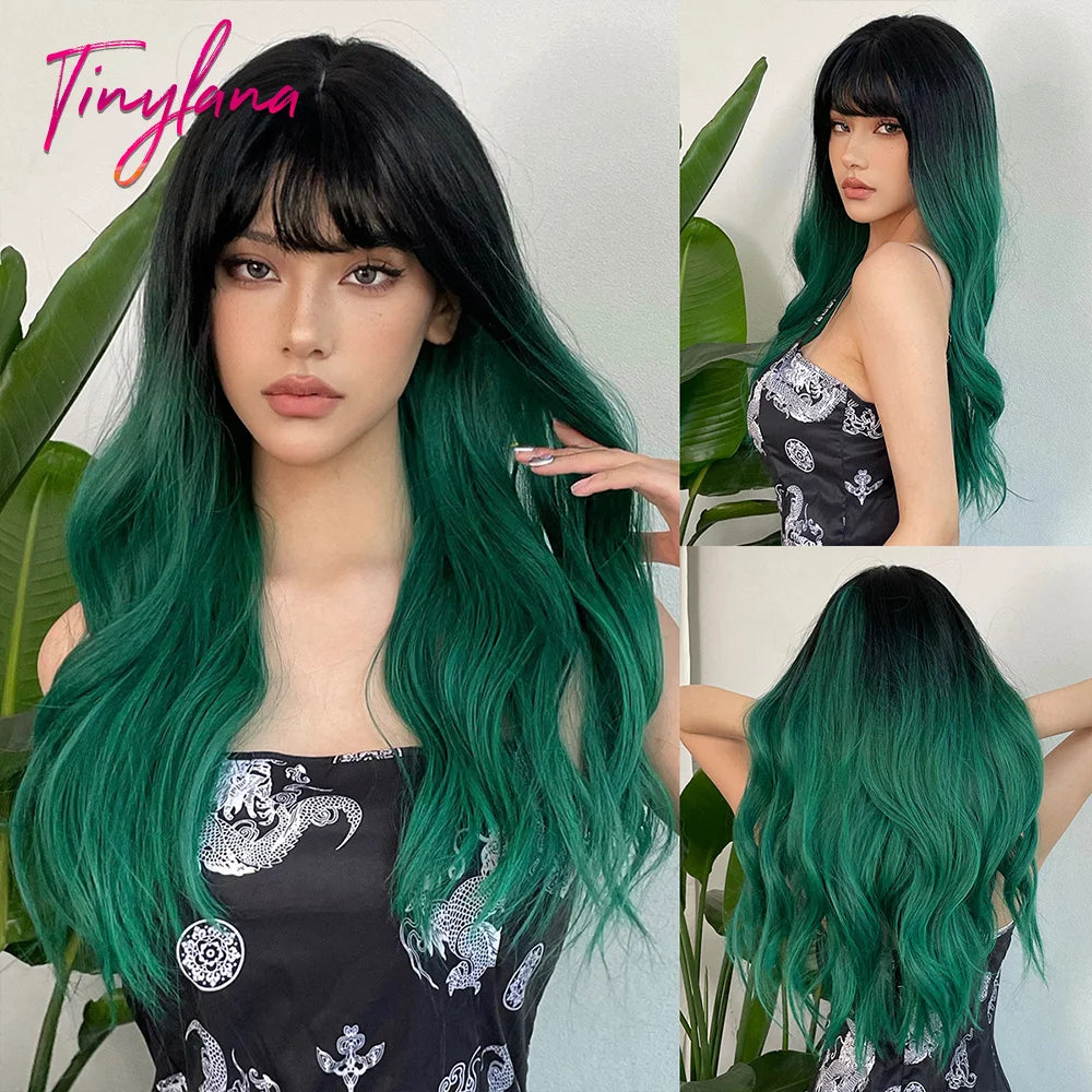 Wine Red Long Wavy Synthetic Wigs with Bangs for Women Colorful Burgundy Red Body Wave Cosplay Wig Halloween Heat Resistant Hair