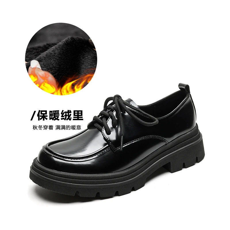 Women Black Lace Up Platform Loafers Retro British Style Leather Shoes Soft Sole Minimalist Casual Daily Footwear