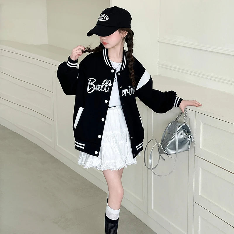 Children's Jackets 2025 Spring Girls Black Baseball Coat New Kids Letters Sports Cardigan Autumn Fashion Outerwear Clothing