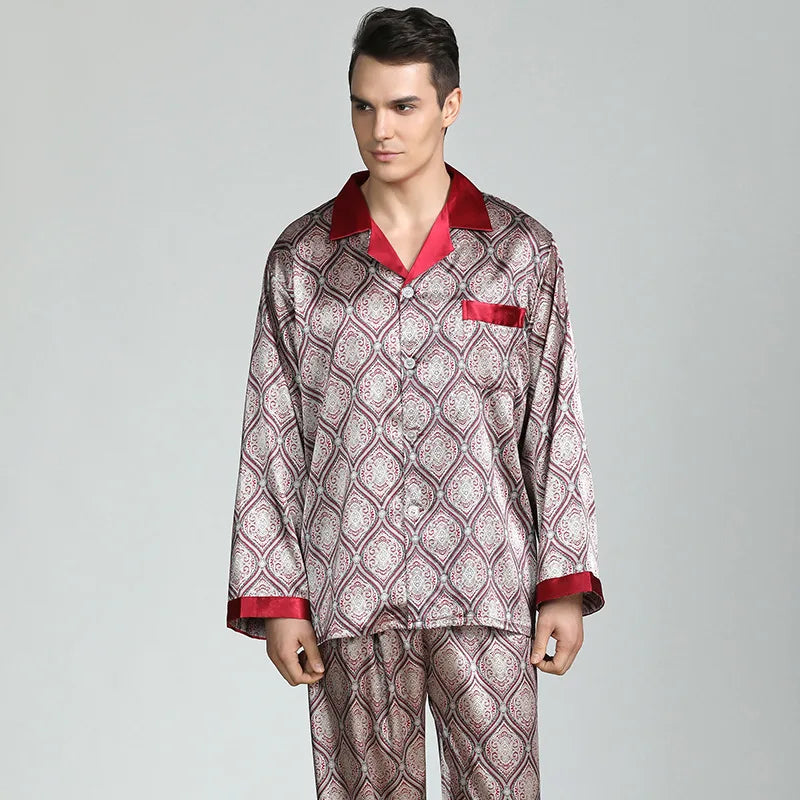 Pajamas Set Men's Home Clothes Long Sleeve Shirt&pants Male Satin Print Nightwear Casual Trousers Suit Spring Summer Loungewear