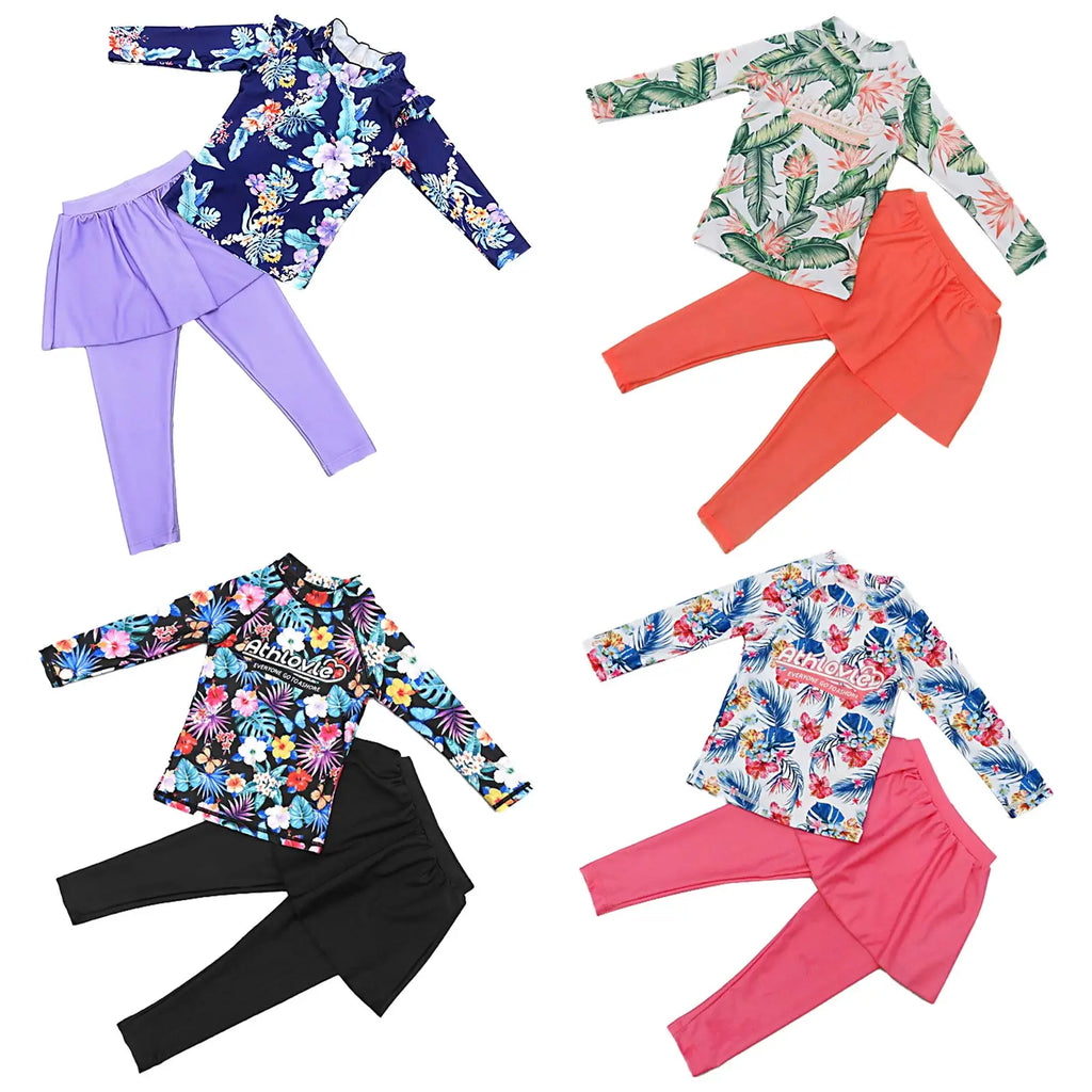 Kids Girls Swimsuit Swimwear Outfits Floral Printed Beachwear Sets Bathing Suit Long Sleeves Tops with Skirted Pants Rash Guard