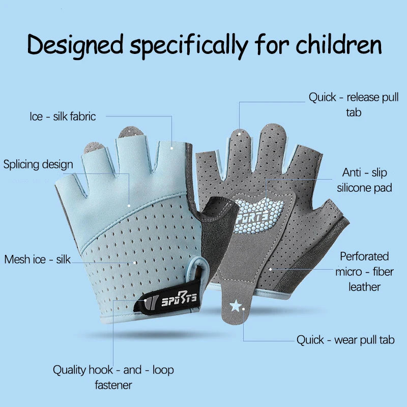 Summer Gloves Kids Sports Fitness Cycling Half-Finger Ice Silk Gloves Children Breathable Anti-slip Boys Girls Roller Skating