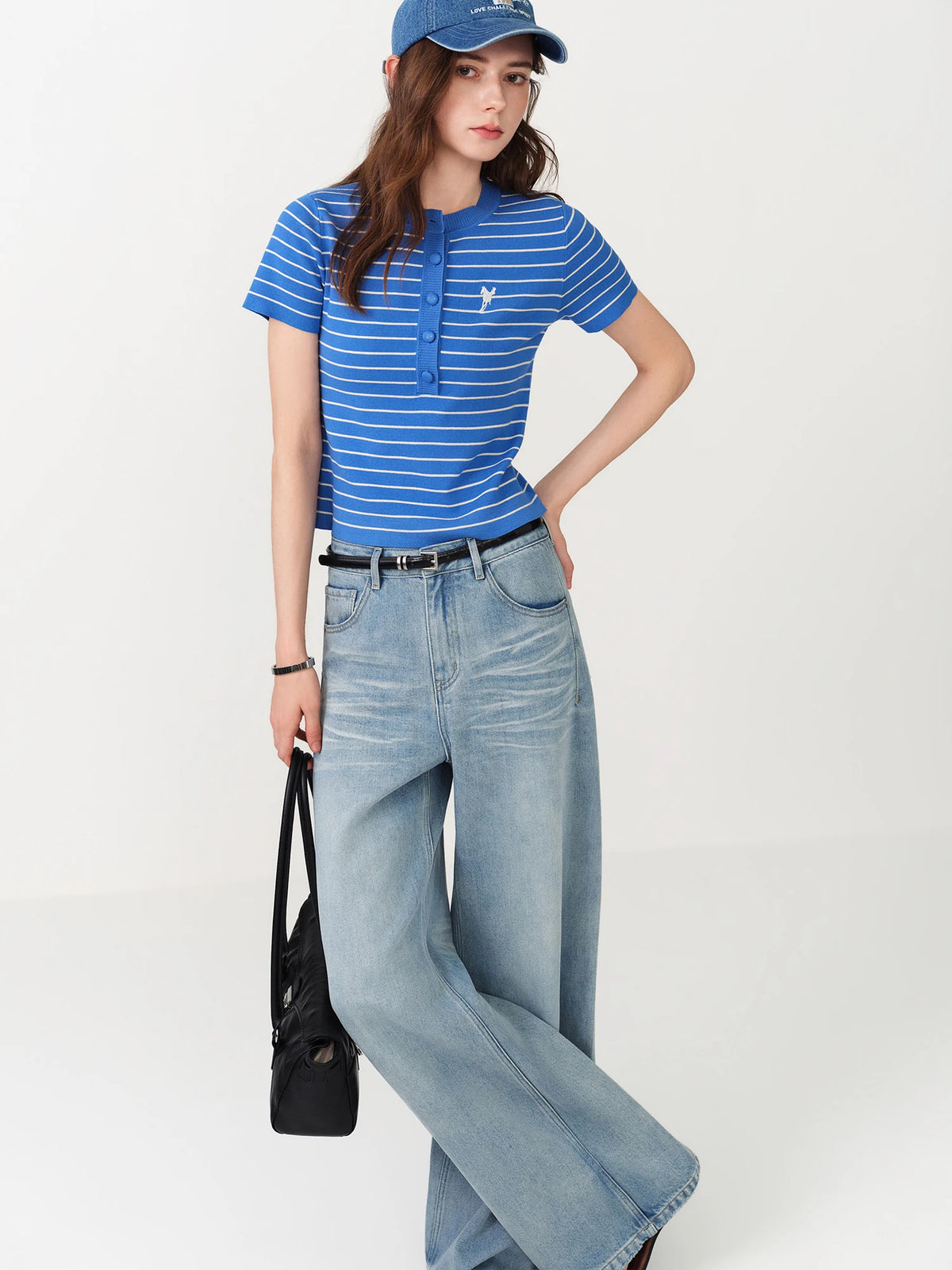 FSLE Vintage Styled Striped Knit Top for Women 2026 Summer New Arrival Short Sleeve Slim-Fit Henley Sweater Crew Neck T-shirt