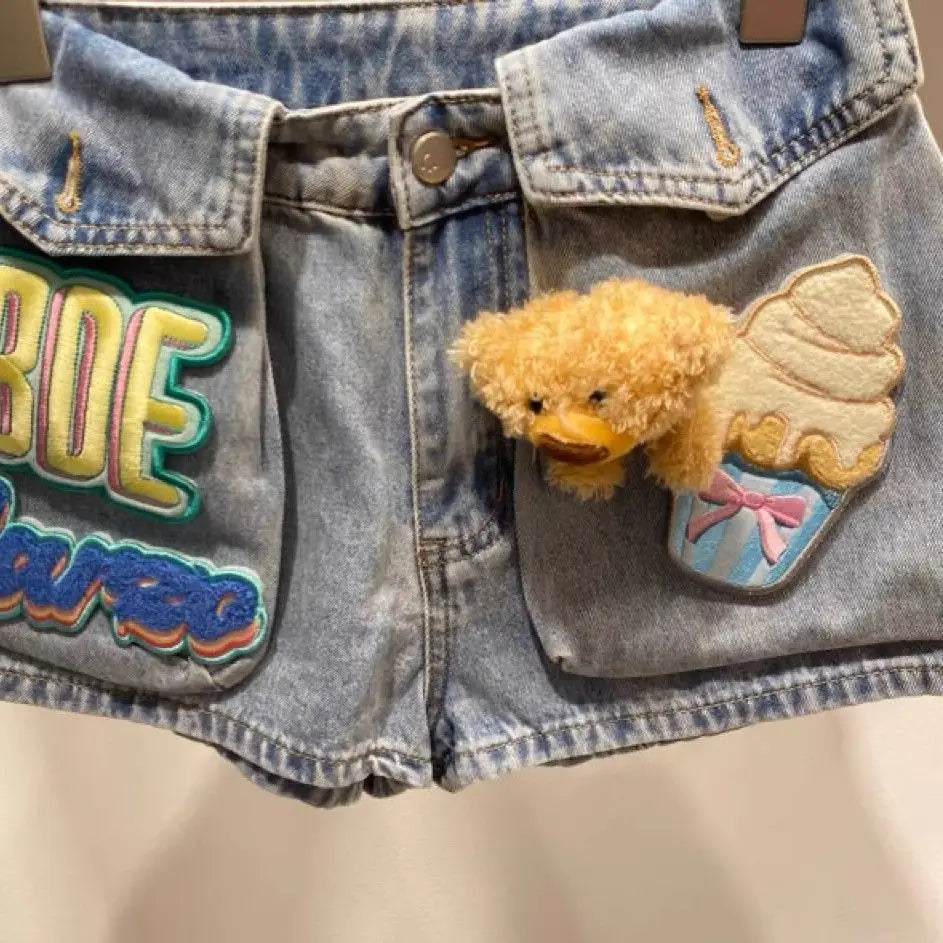 Nicemix 3D Teddy Bear Patch Design Slim Fit Denim Shorts for Women Summer New Stylish High Waist Loose Casual Jeans for Women