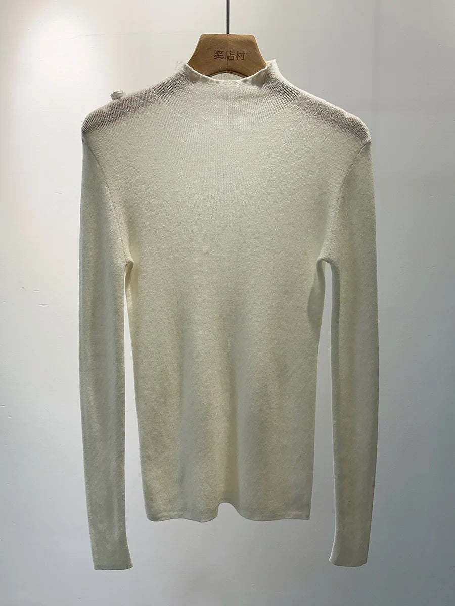 BirdTree, 100% Wool Slim Thin Sweater, Women Long Sleeve Mock Neck, Seamless Bottom High Elastic Top, 2025 Winter Fall T46985QM