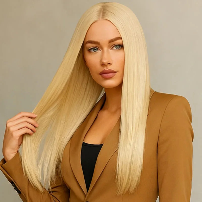 Women's golden 28 inch straight synthetic wig is fashionable and elegant, suitable for daily party wear