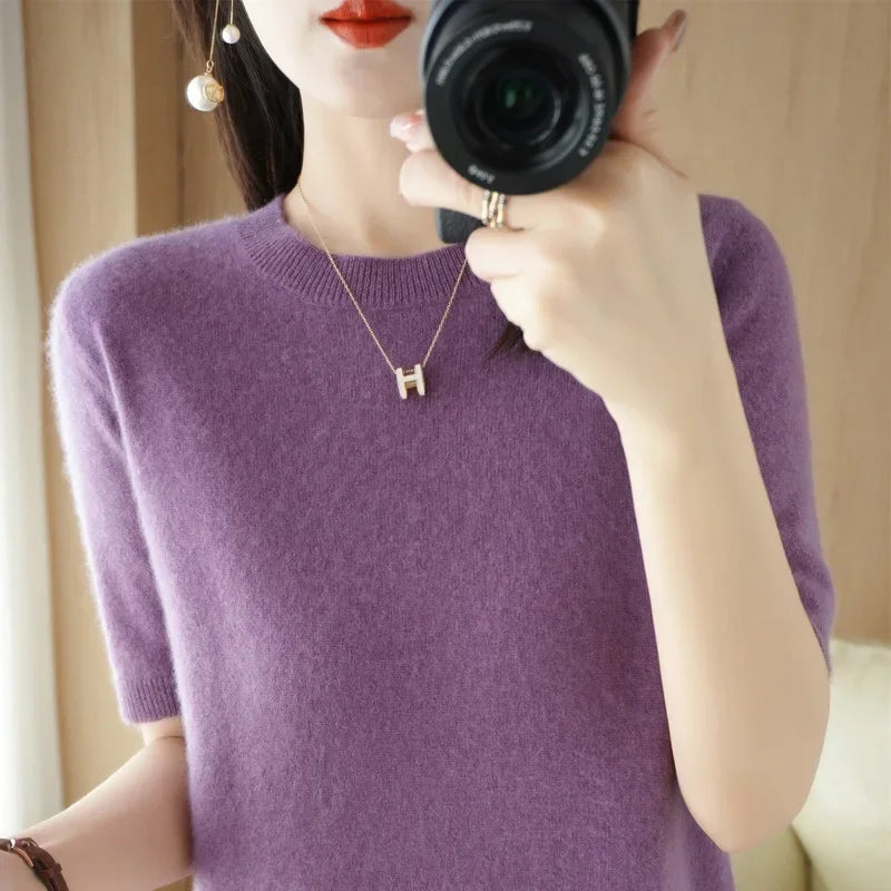 2025 Spring Summer Womens Sweater Short Sleeve O-neck Slim Fit Knitted Pullovers Bottoming Casual Knitwear Camel Pink Clothes