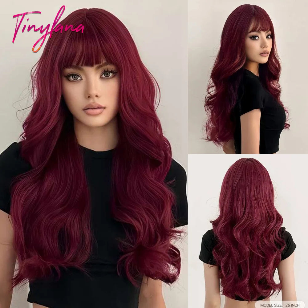 Wine Red Long Wavy Synthetic Wigs with Bangs for Women Colorful Burgundy Red Body Wave Cosplay Wig Halloween Heat Resistant Hair