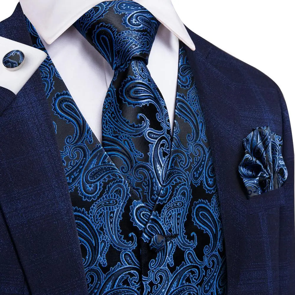 Hi-Tie Navy Paisley Dress Vest Set For Men Dark Blue Jacquard Men's Suit Vest Male Waistcoat For Wedding Formal Jacket