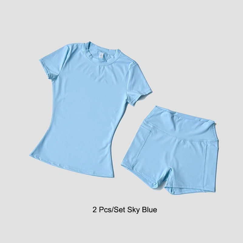 Women's Sports Yoga Set Seamless Knitted Fitness Gym Clothes Sportswear Short Sleeve Crop Top Tracksuits Gym Short Leggings