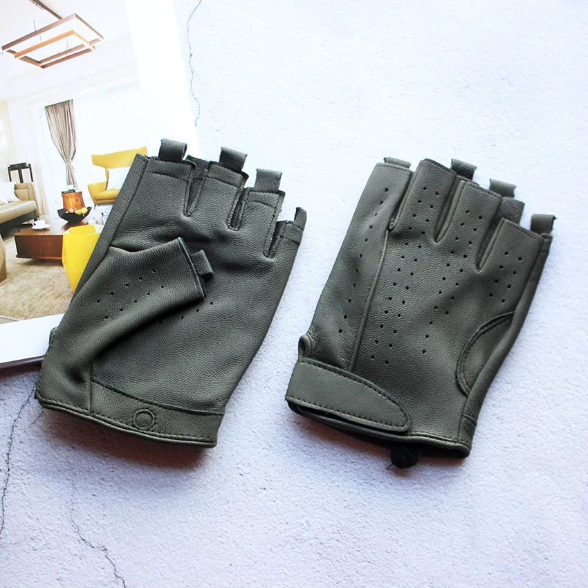 Men's Summer Driving Gloves Goat Leather Half Finger Thin Outdoor Sports Fashion Military Green Motorcycle Riding Outdoor Gear