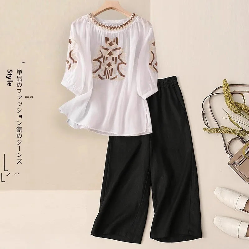 Fashionable Retro Linen Top And Pants Set for Women High End Cotton Linen Two Piece Suit Summer New Arrival Elegant Momwear