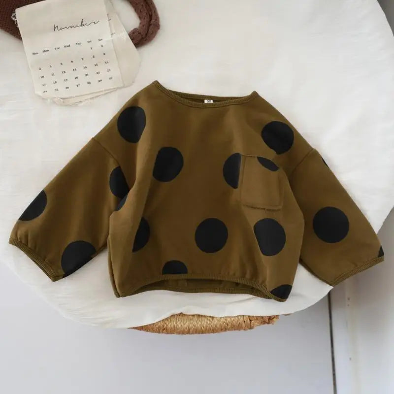 Korean Children Boy Sweatshirt Cotton Retro Dot Printed Toddler Kid Boyd Basic Shirts Loose Round Collar Kids Baby Boy Pullovers