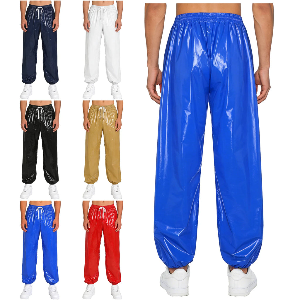 Mens Shiny Waterproof Jogging Pants Y2K Drawstring Waistband Side Pockets Trousers Track Baggy Glossy Pants Hip Hop Trousers