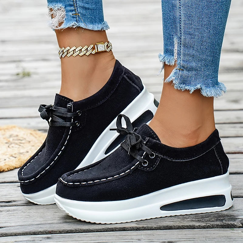 Basic Color Platform Loafers for Women 2026 Spring Light Thick Sole Wedge Sneakers Woman Plus Size Lace Up Non Slip Casual Shoes