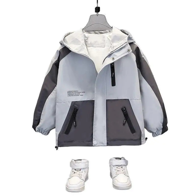 Children Clothing Color Blocking Jacket 2026 Spring Autumn Teen Boys Fashion Zipper Hooded Windbreaker Coat Kids Outewear Tops