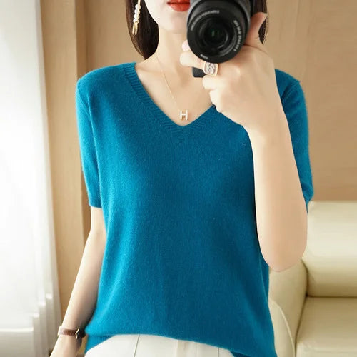 Women Sweater Casual Short Sleeve Pulls 2025 Spring Summer V-neck Knitwears Korean Fashion Shirts Tops Pullovers Soft Jumpers