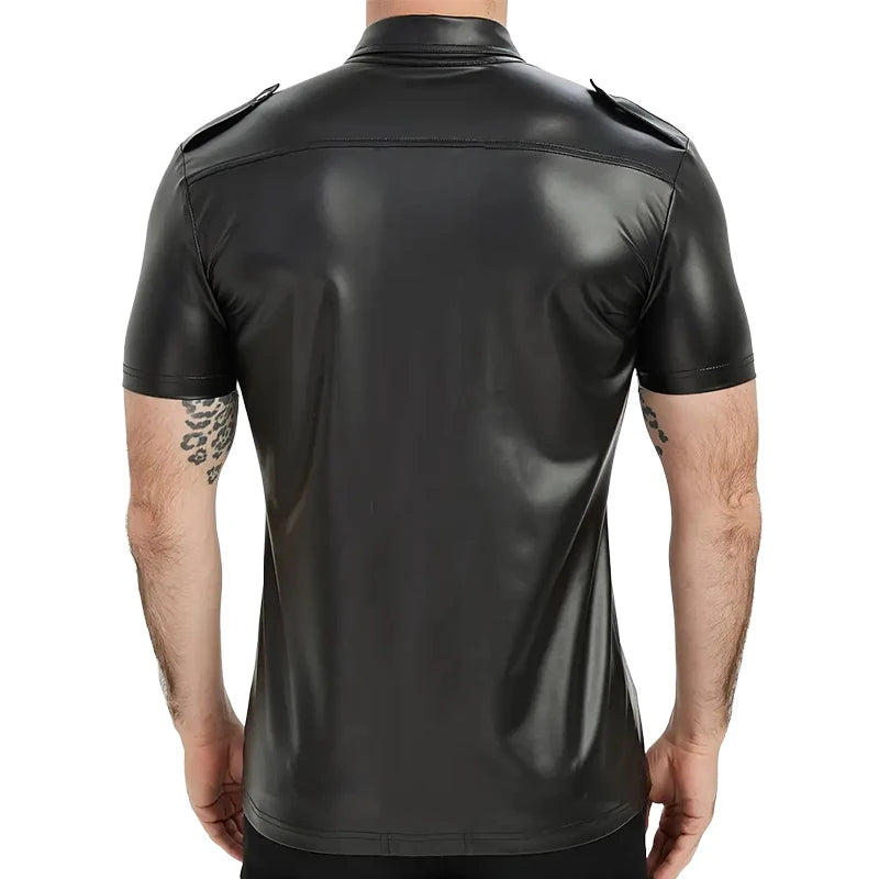 Men Fashion Faux Leather Shirts Short Sleeve PU Leather T-Shirt Street Style Button-Up Jacket Party Nightclub Dance Tops