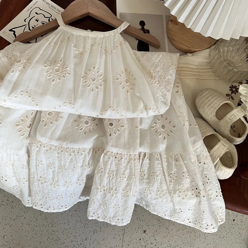 Korean Kids Summer Dress 2025 New Lace Flower Embroidery Girls Suspenders Dress 2-7T Children Vacation Style Princess Clothes