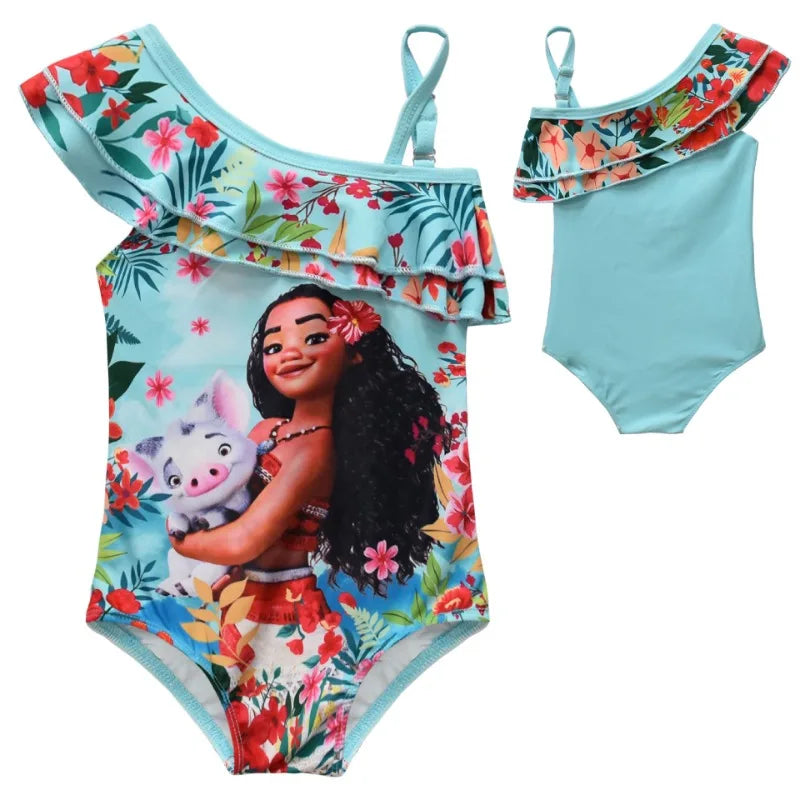 New Kids Swimwear for Girls Cute Cartoon Moana One-piece Swimsuit Kawaii Swimming Beach Swimsuit Blue Bikini 3-7y