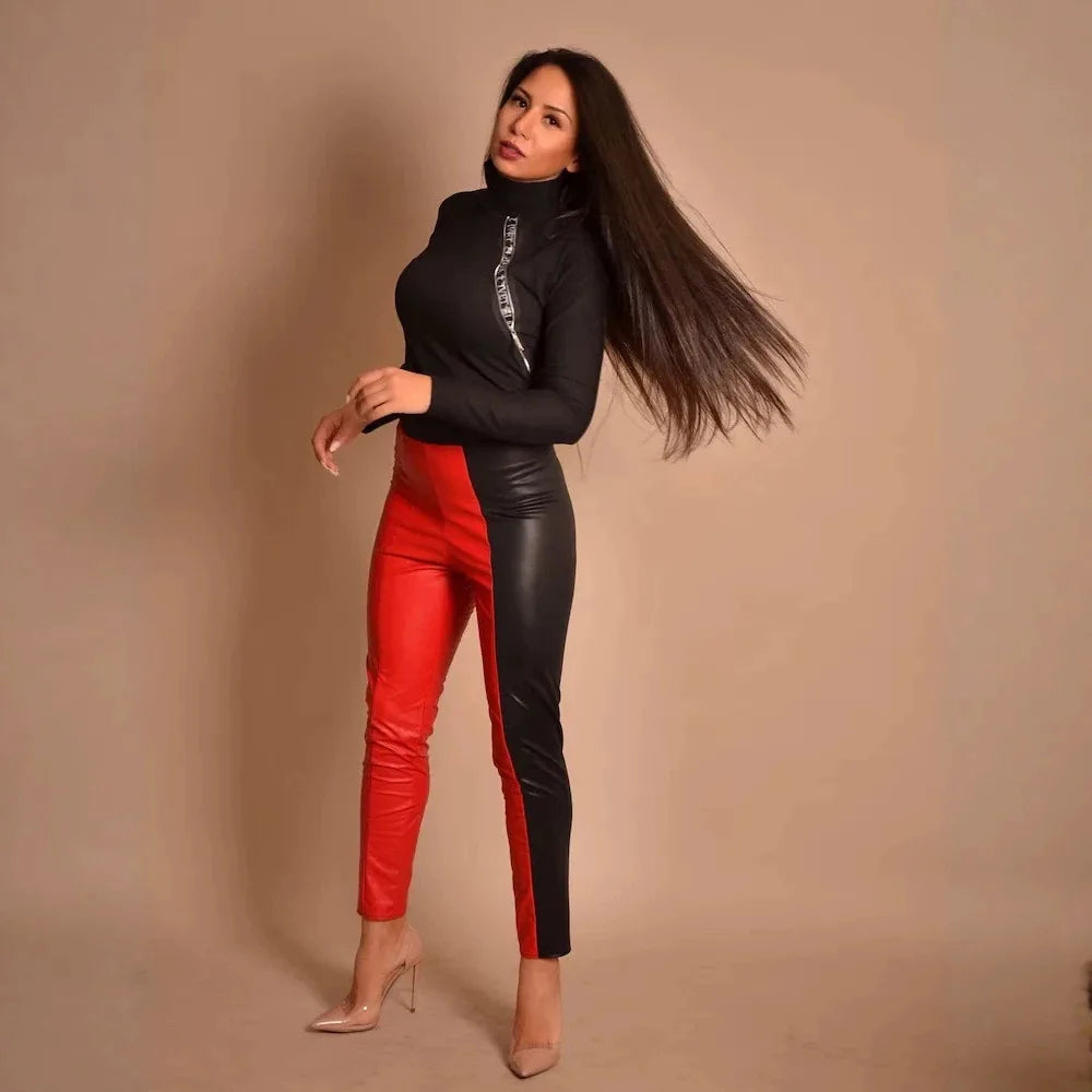 Women's Casual Leather Pants Sexy Splice High Waist Casual Trousers Club Party Costume