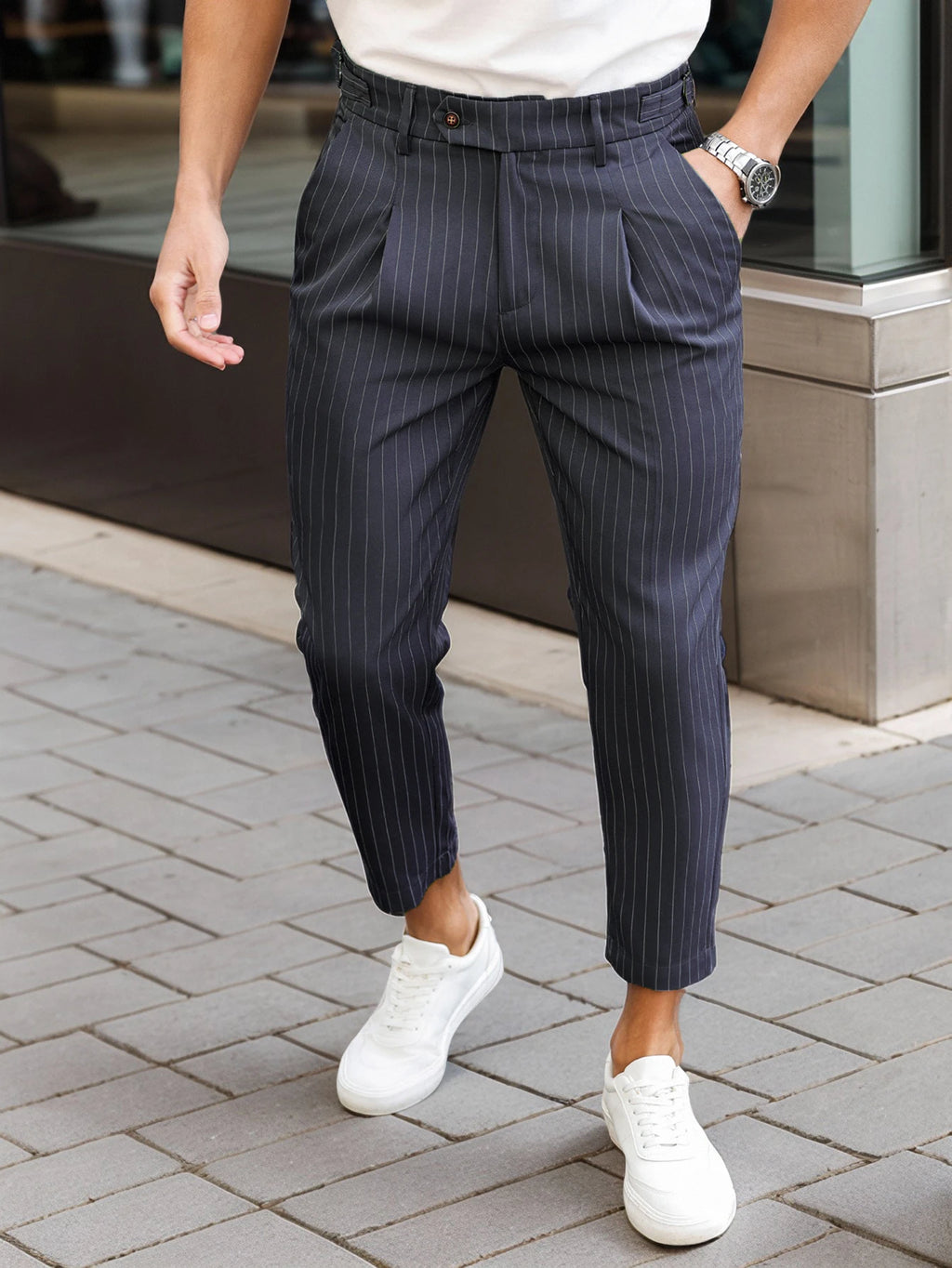 Men's Casual Vertical Striped Tapered Cropped Pants Gurkha High Waist Stretch Slim Fit Business Grey Navy Green Trousers