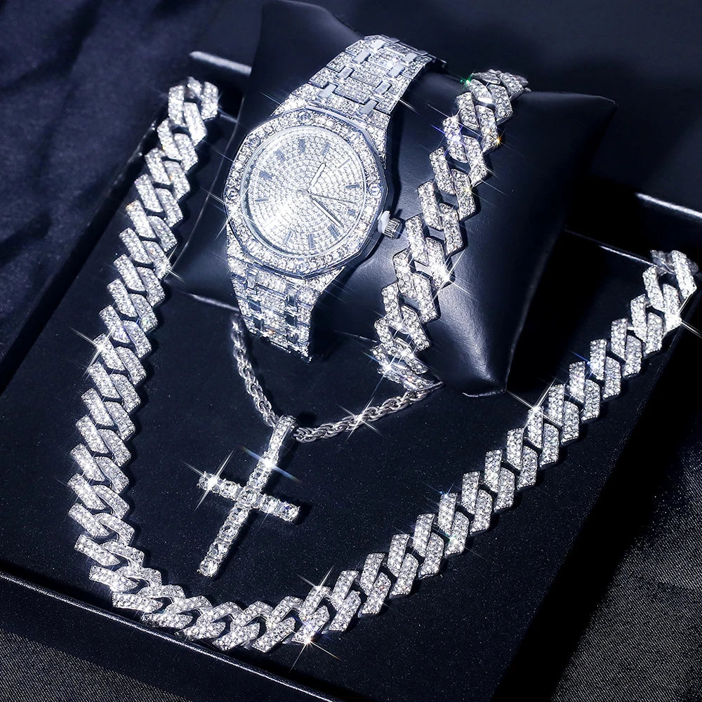 Hip Hop Men's Watch Jewelry Gift Set Glitter Silver Quartz Watch with Cross Pendant Necklace Street Punk Luxury Party Accessory