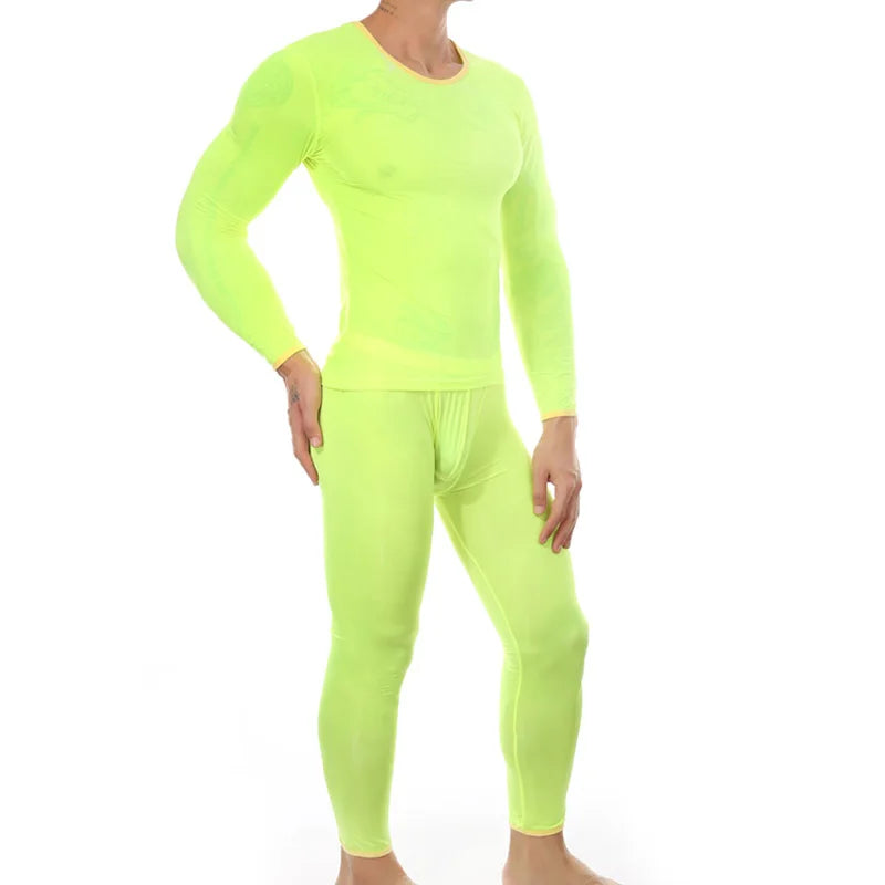 Men's Sexy Transparent Underwear Arrangement Sheer Ultra-Thin Seamless Warm Long Johns Ice Silk Comfortable Long Pajama Set