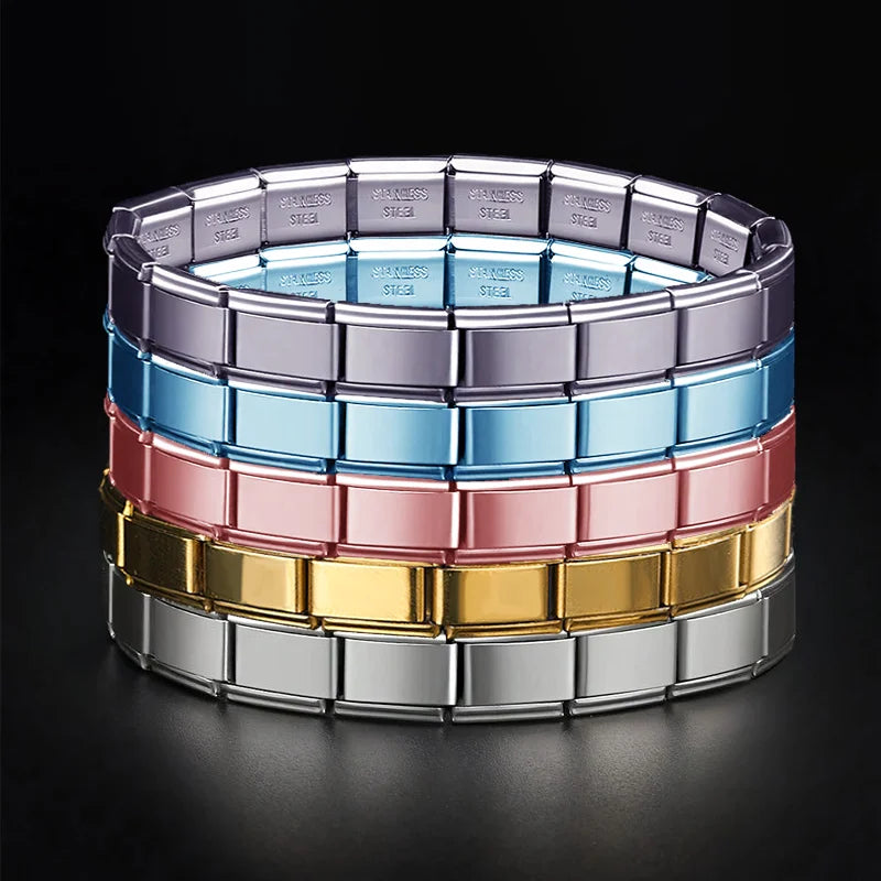 Men's Women's Jewelry DIY 9MM Width Italian Elastic Charm Bracelets Gold Silver Solid Color Stainless Steel Fashion Bangle Basic