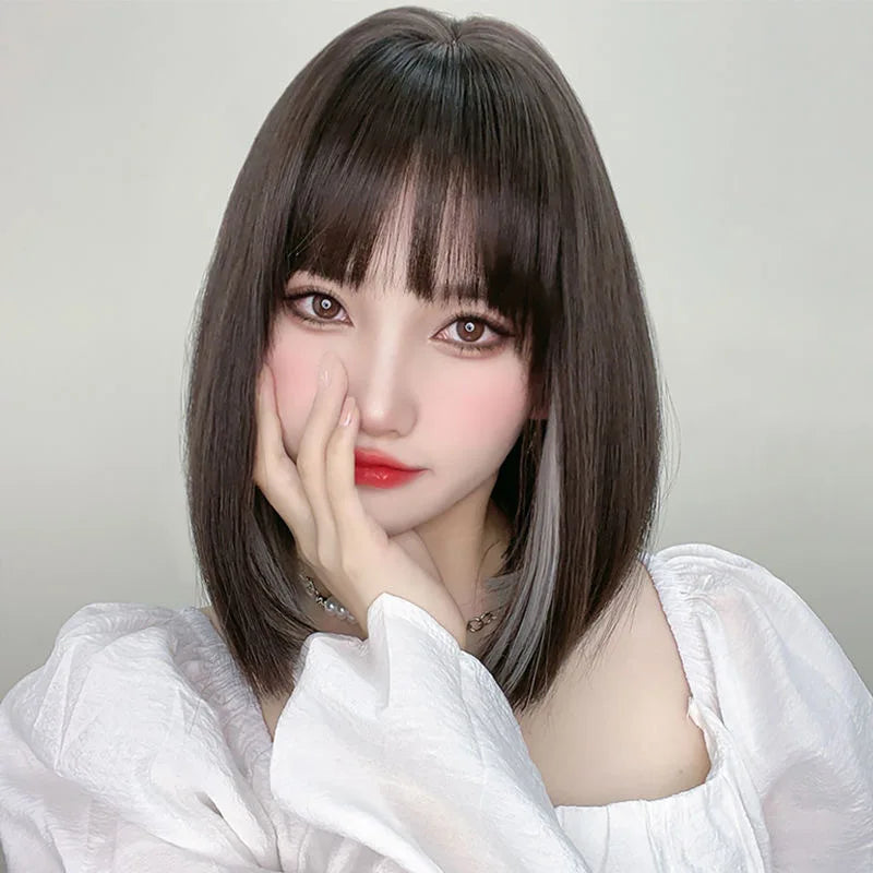 Wig Woman Short Straight Hair Hanging Ears Dyed Collarbone Hair High Temperature Silk Synthetic Fiber Hair Full Head Set