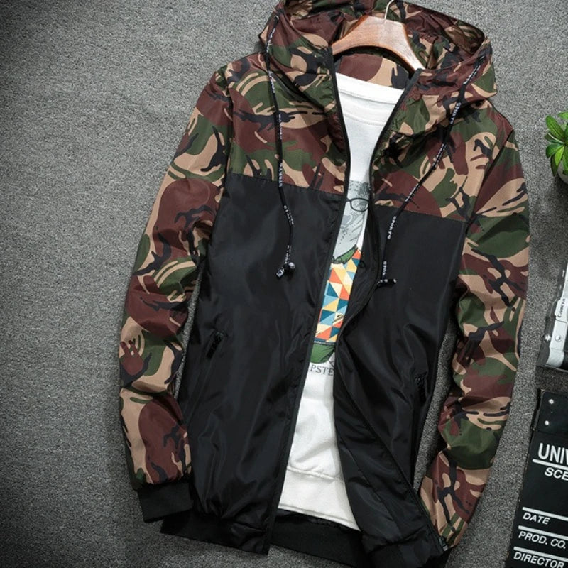 Men's Jackets Spring Hooded Printing Camouflage Windbreaker Zip Lightweight Jackets Slim Crop Fashion Design on The Back Coats