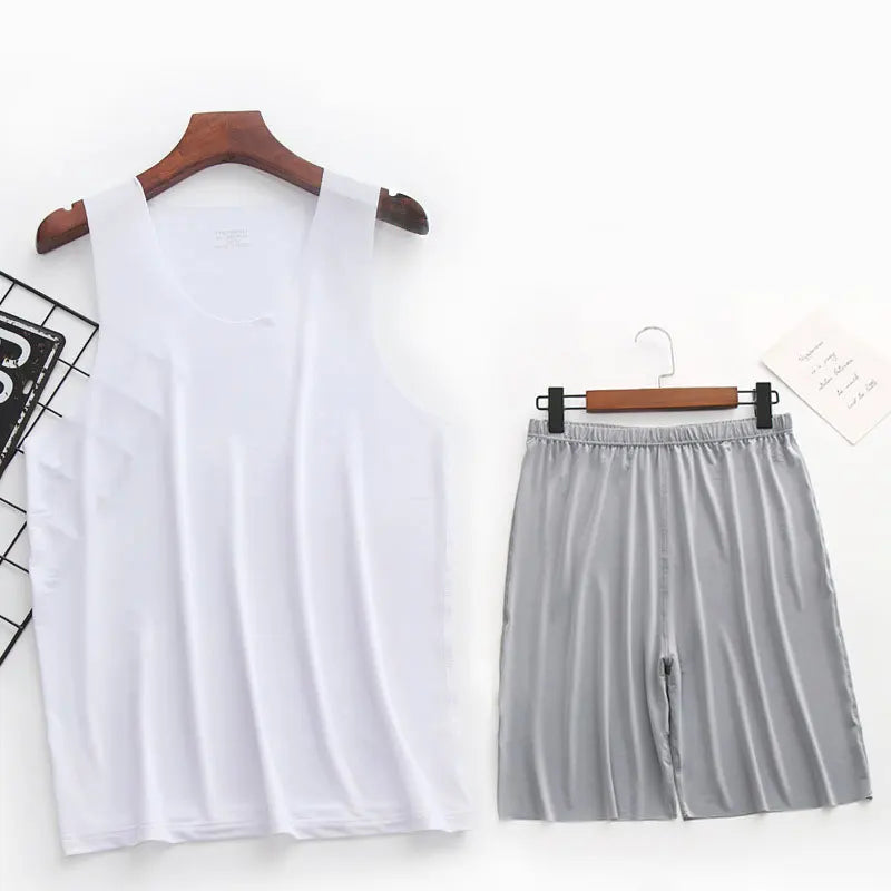 Mens Ice Silk T-Shirt & Short Pants 2Pcs Pijamas Sleep Set Ultra-thin Homewear Clothing Summer Pyjamas Sleepwear Nightwear Suit