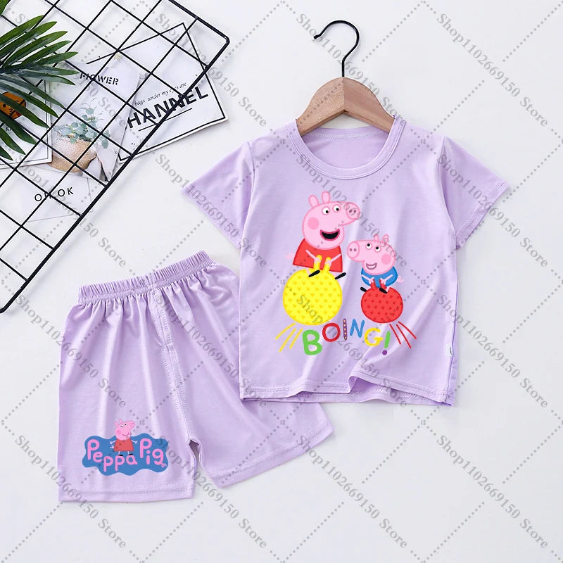 Children Anime Cute Pajama Set Cartoon Peppa Pigs Casual Pajamas Summer Clothing Nightwear Homewear Short Sleeve Loungewear Gift