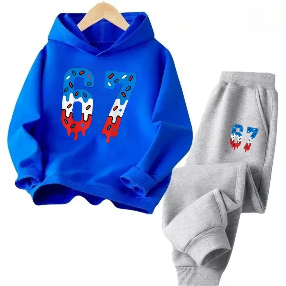 67 Chic Children's Hoodies Set 4-13Y Korean Streetwear Block Tracksuit Fashion Comfortable Kids Sweatshirt 2 Pcs Sets Pant Suit