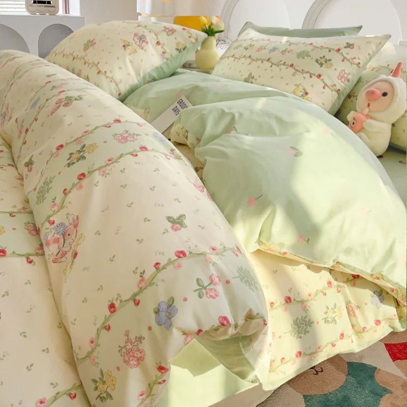 Cute Rabbit Bedding Set New No Filler Ins Floral Duvet Cover Flat Sheet Pillowcases Twin Queen Size Girls Boys Comforter Cover