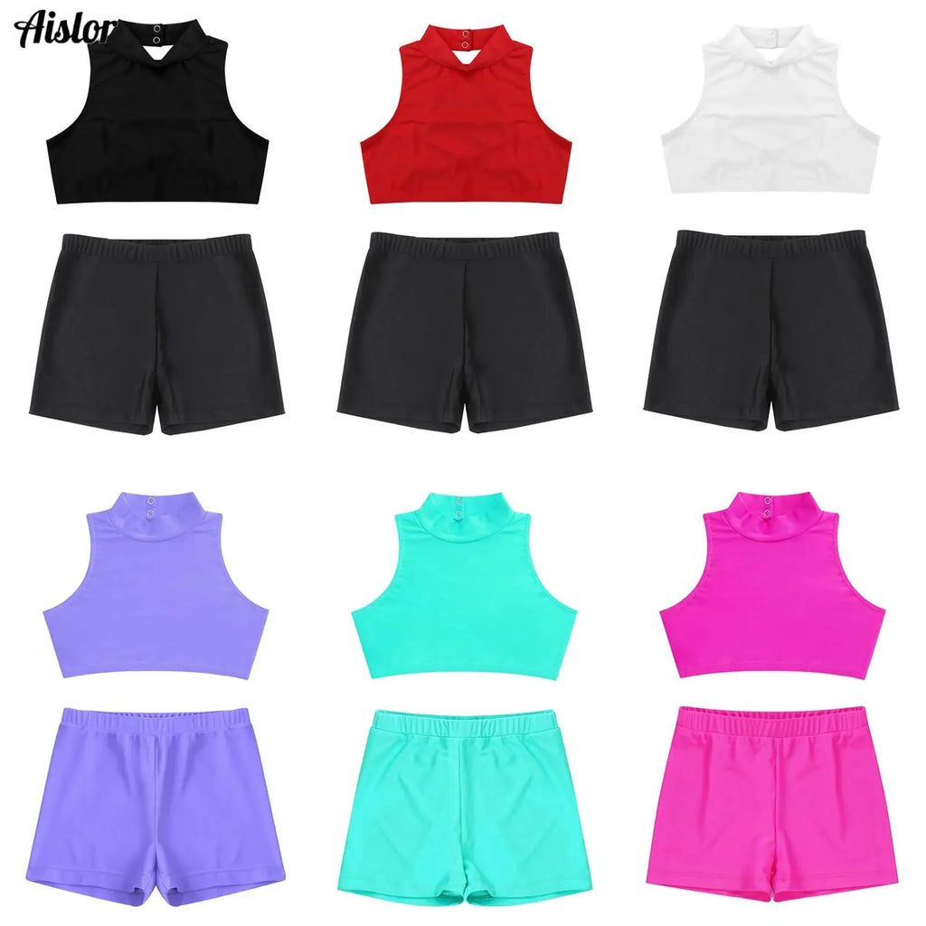 Kids Girls Swimwear 2Pcs Sleeveless Mock Neck Tank Crop Top Vest+Shorts Pants for Beach Pool Swimming Bathing Suit Sportswear