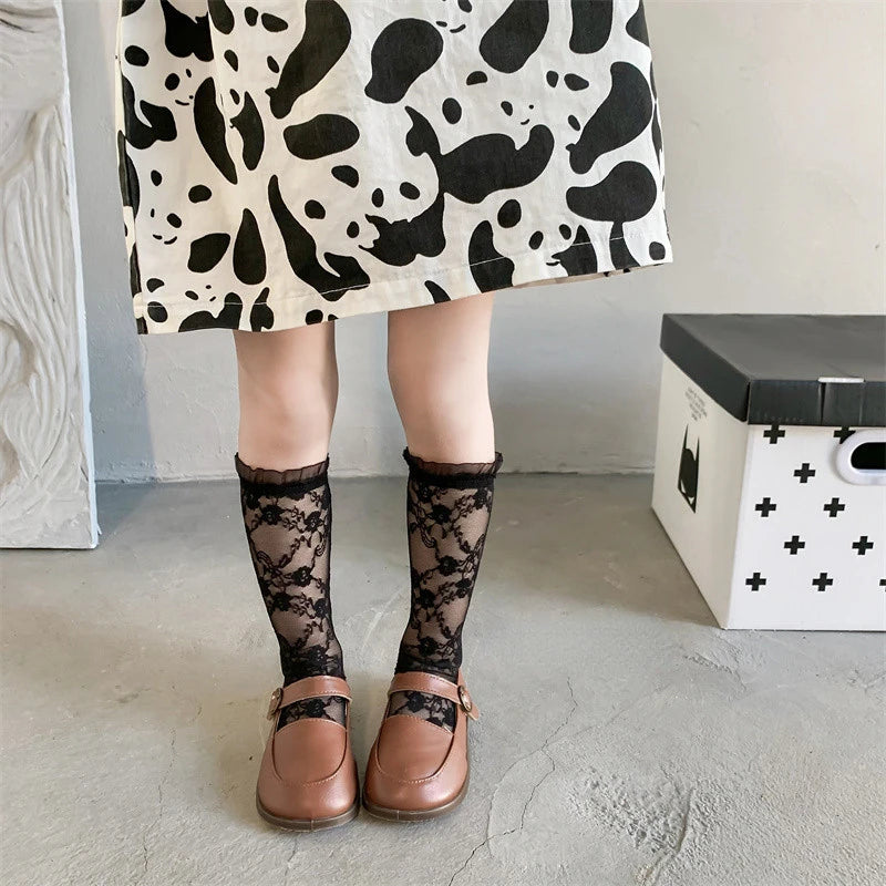 Korean Kids Girl Sock Retro Lace Ruffle Hollow Lovely Calf Sock for Children Girl Thin Breathable Frilly Princess Sock Kid Stuff