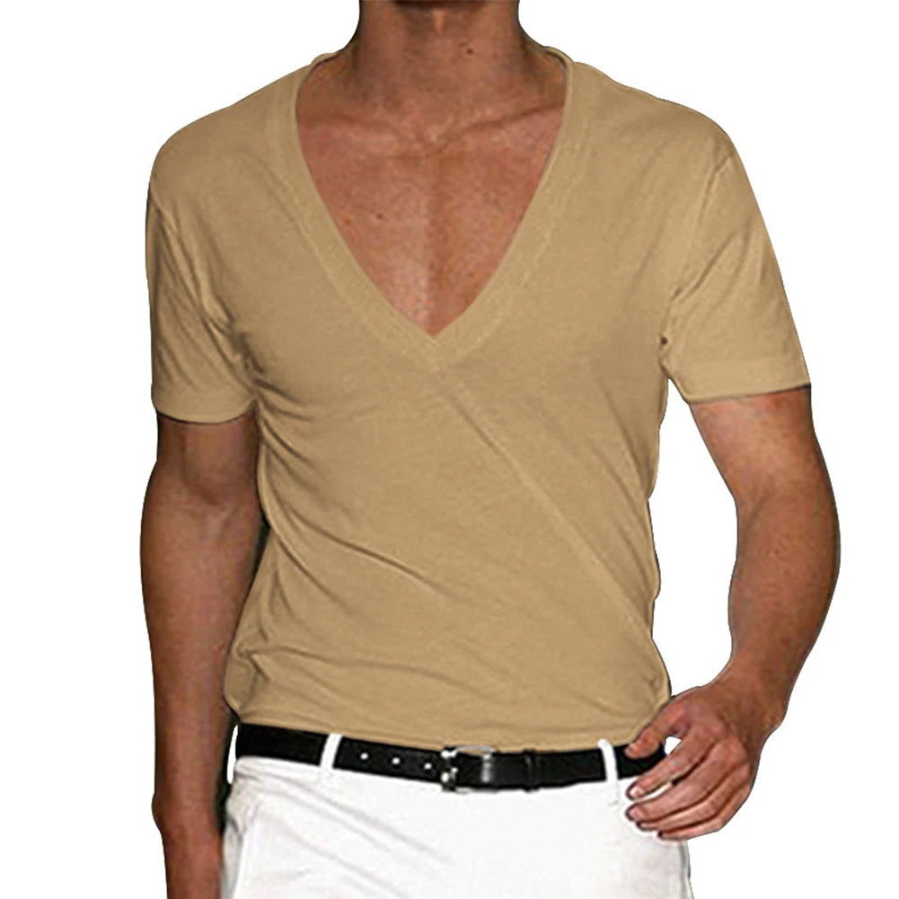 Summer Men's Short Sleeve T-Shirts Deep V Neck Solid Color Gym Muscle Fitness Undershirt Tee Tops T Shirt For Men Clothing