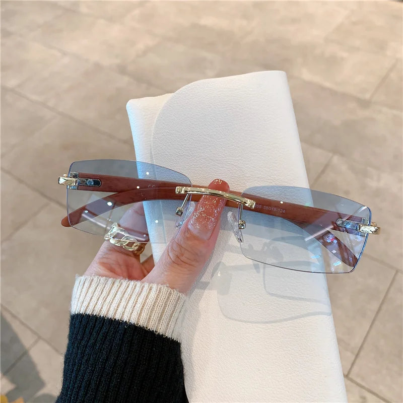 Rimless Sunglasses For Men Women Wooden Designer Luxury Brand Retro Sun Glasses Fashion Shades UV400 Travel Outdoor