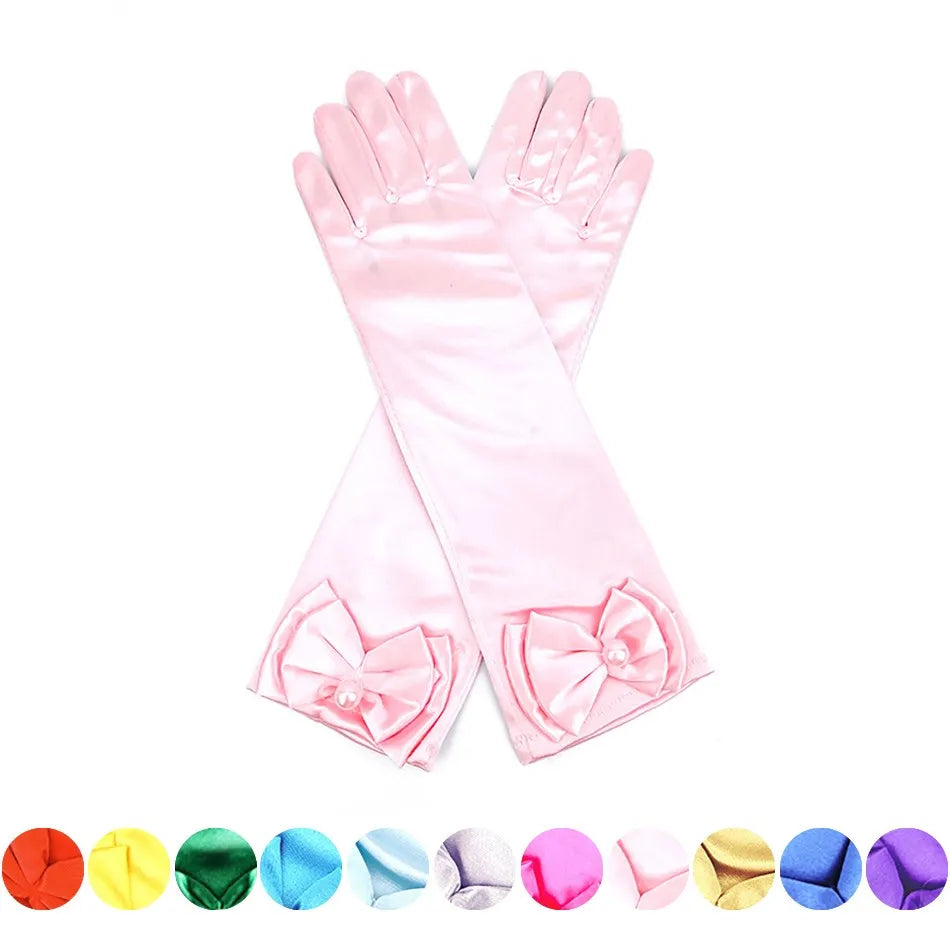 Girls Princess Accessories Kids Satin Bow Elsa Cinderella Gloves for Costume Children Birthday Halloween Party Cosplay Gift