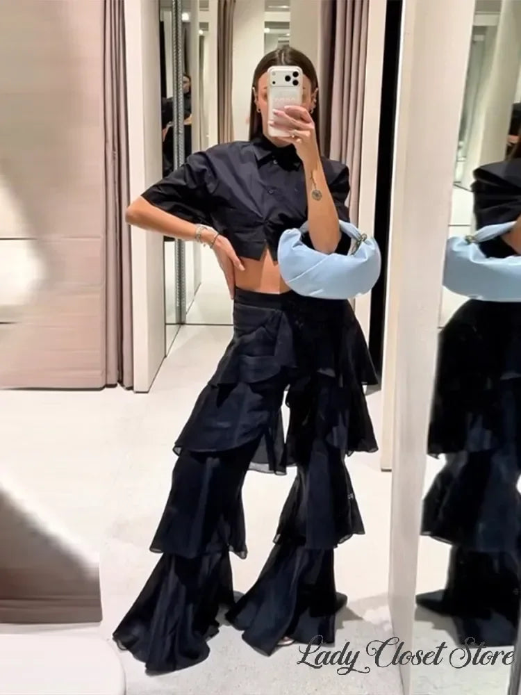 Women Black Tiered Ruffle Pants High Waist Wide Leg Long Trousers 2026 Summer Lady fashion Casual Vacation Streetwear New