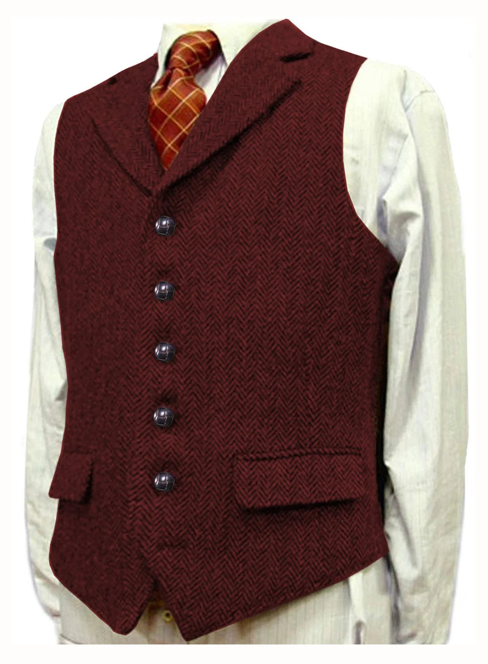 Men Vest With Lapel Boutique Herringbone Wool Tweed Slim Fit Waistcoat Casual Formal Business Wedding Daily Men Suit Vest