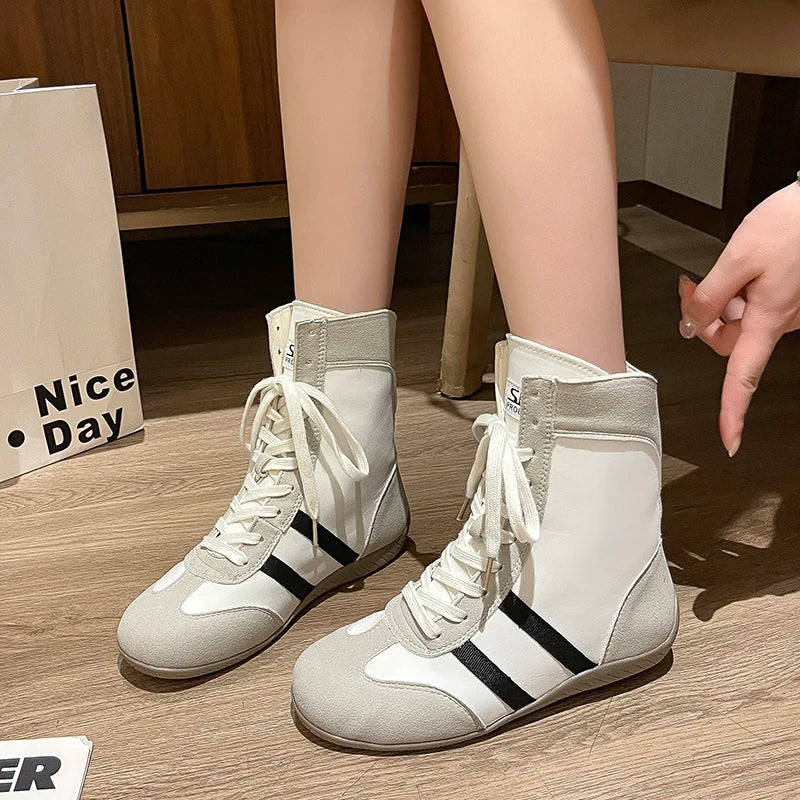 2025 Women's Sneakers Fashion High-top German Training Female Shoes Retro Round Toe Lace-up Boxing Boots for Women