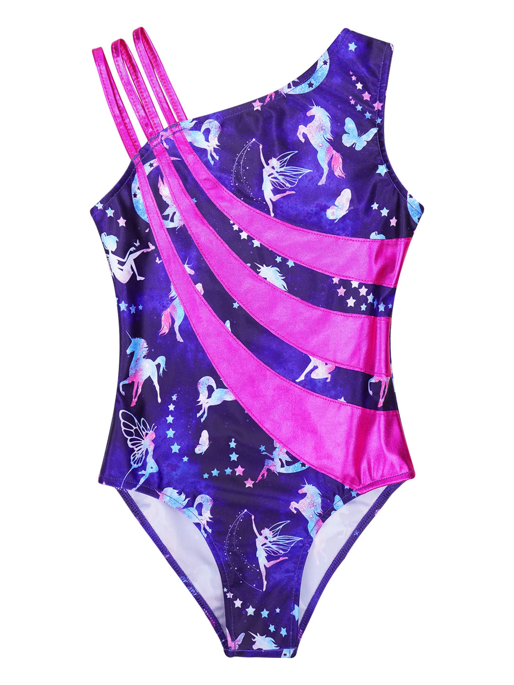Kids Girls Gymnastics Swimsuit for Dancing Ballet Dancewear Metallic Shiny Leotard Print Asymmetrical Shoulder Strap Bodysuit