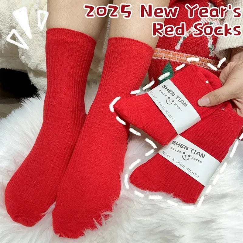 Men Women Red New Year Cotton Socks Breathable Sports Comfortable Festival Zodiac Casual Lucky Red Floor Strip Mid-calf Socks