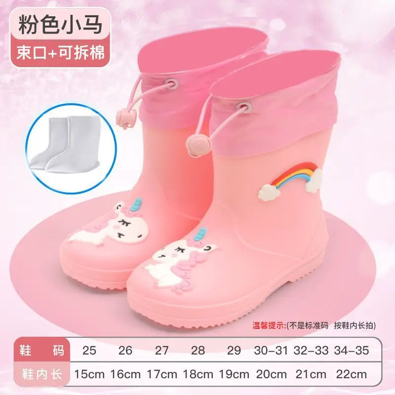 New Kids Rain Boots Boys Girls Rainbow Water Shoes Toddlers Garden Shoes Kids Cartoon Drawstring Non-Slip Rain Boots Comfortable
