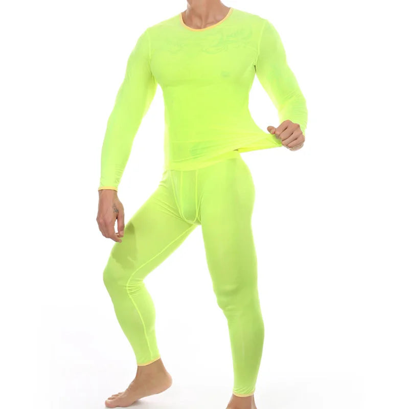 Men's Sexy Transparent Underwear Arrangement Sheer Ultra-Thin Seamless Warm Long Johns Ice Silk Comfortable Long Pajama Set