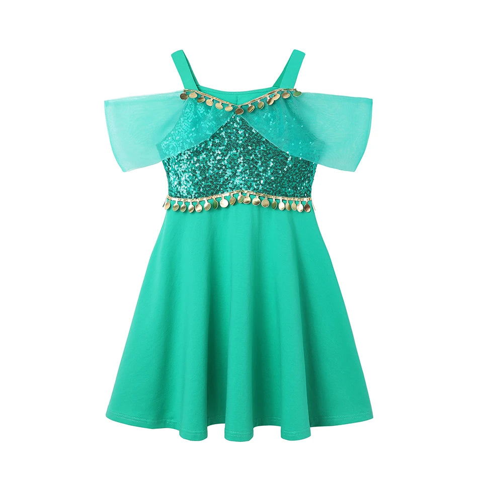Children's Casual Dress for Girls Mermaid Rapunzel Dress One-Shoulder Sling Short Sleeve Princess Costume Summer Casual Vest