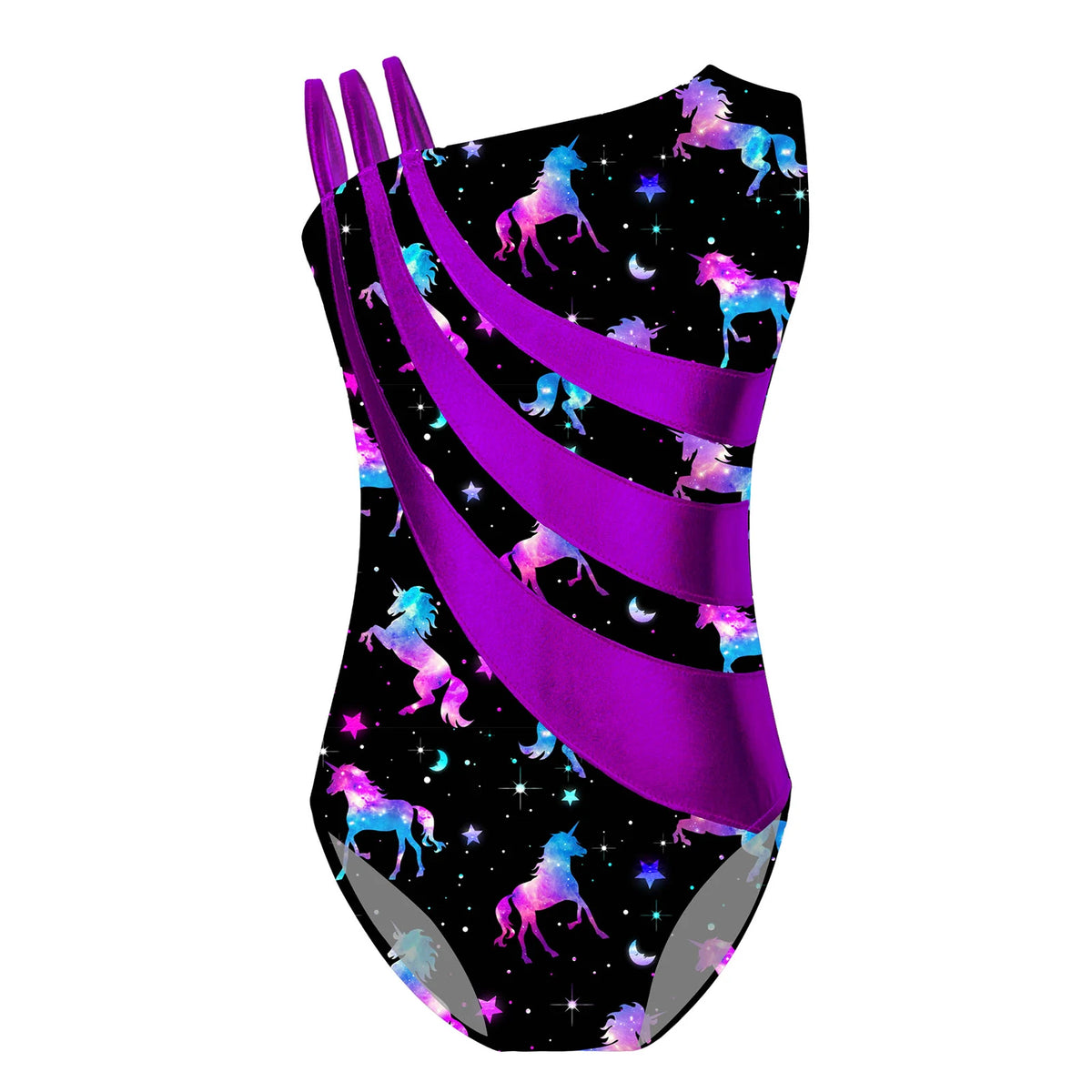 Kids Girls Gymnastics Swimsuit for Dancing Ballet Dancewear Metallic Shiny Leotard Print Asymmetrical Shoulder Strap Bodysuit